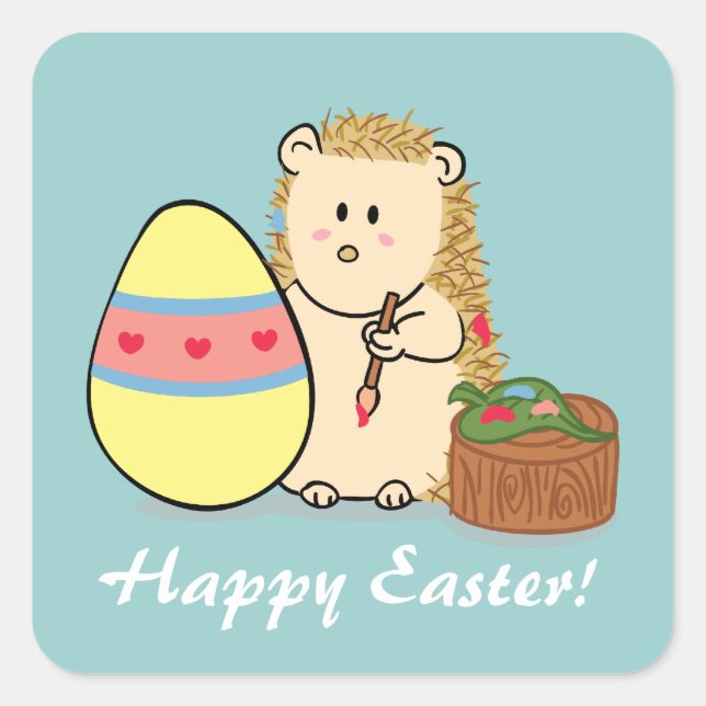 Happy Easter Cute Hedgehog Painting Egg Square Sticker (Front)