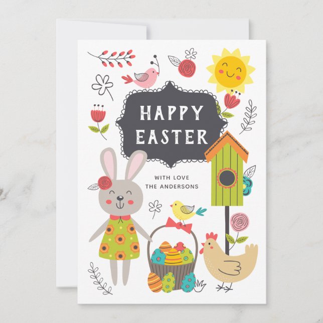 Happy Easter. Cute kids cartoon rabbit and eggs Holiday Card (Front)