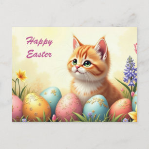 Happy Easter Cute Kitten with Easter Eggs Holiday Postcard