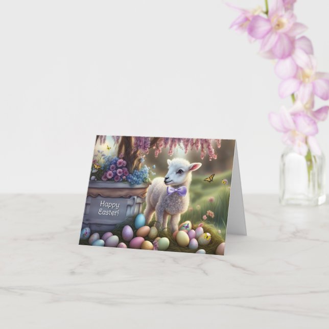Happy Easter Cute Lamb and Easter Eggs Card (Orchid)