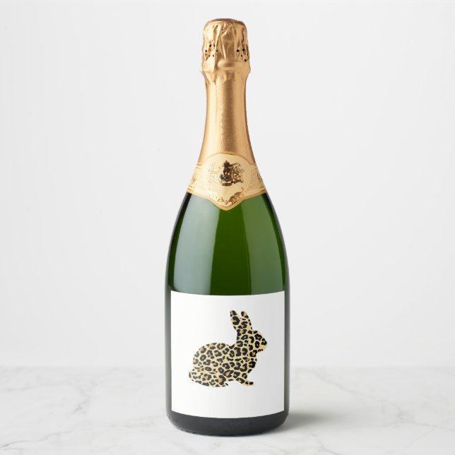 Happy Easter Cute Leopard Bunny Rabbit _1 Sparkling Wine Label (Front)