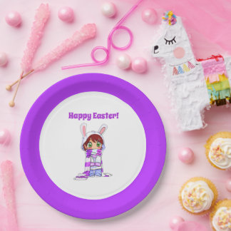 Happy Easter Cute Manga Bunny Girl Cartoon Paper Plate