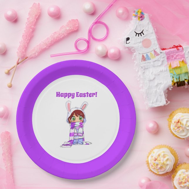 Happy Easter Cute Manga Bunny Girl Cartoon Paper Plate (Party)