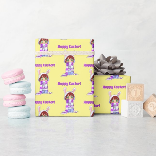 Happy Easter Cute Manga Bunny Girl Cartoon Wrapping Paper (Baby Shower)