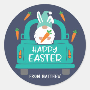 Happy Easter Cute Modern Gnome Truck Name Classic Round Sticker