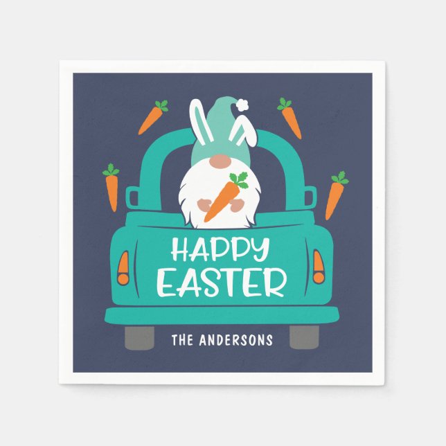 Happy Easter Cute Modern Gnome Truck Name Napkin (Front)