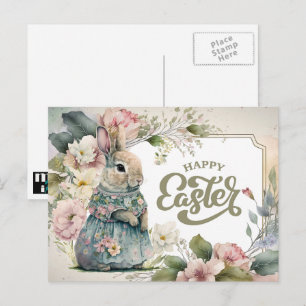 Happy Easter. Cute Old-Fashioned Bunny Holiday Postcard