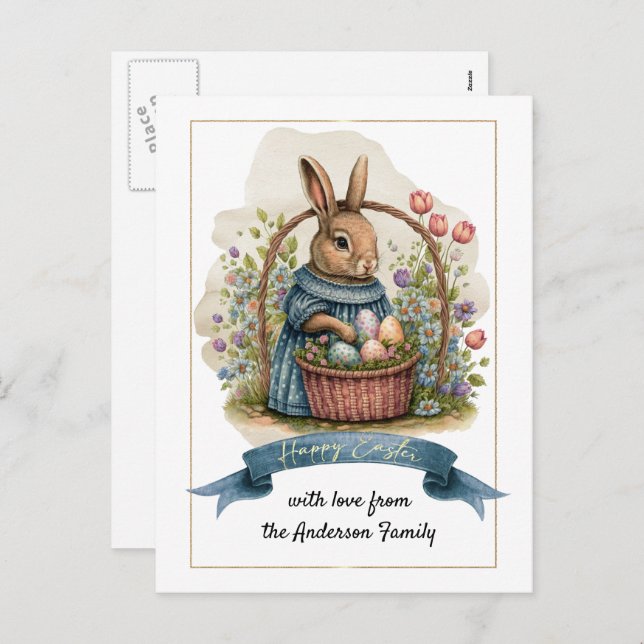 Happy Easter. Cute Old-Fashioned Bunny with Eggs  Holiday Postcard (Front/Back)