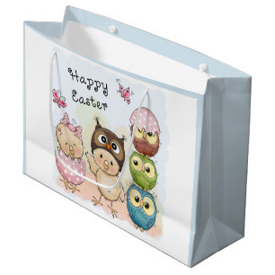 Happy Easter Cute Owl Chicks Blue   Holidays Large Gift Bag