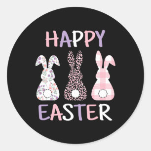 Happy Easter Cute Pink Leopard Plaid Flower Bunny Classic Round Sticker