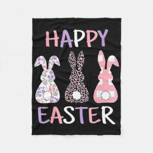 Happy Easter Cute Pink Leopard Plaid Flower Bunny Fleece Blanket