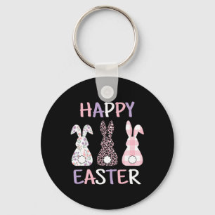 Happy Easter Cute Pink Leopard Plaid Flower Bunny  Key Ring