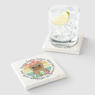 Happy Easter Cute Pug w Bunny Ears & Colourful Egg Stone Coaster