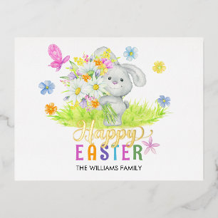 Happy Easter Cute Rabbit Bouquet Spring Flowers Foil Holiday Postcard