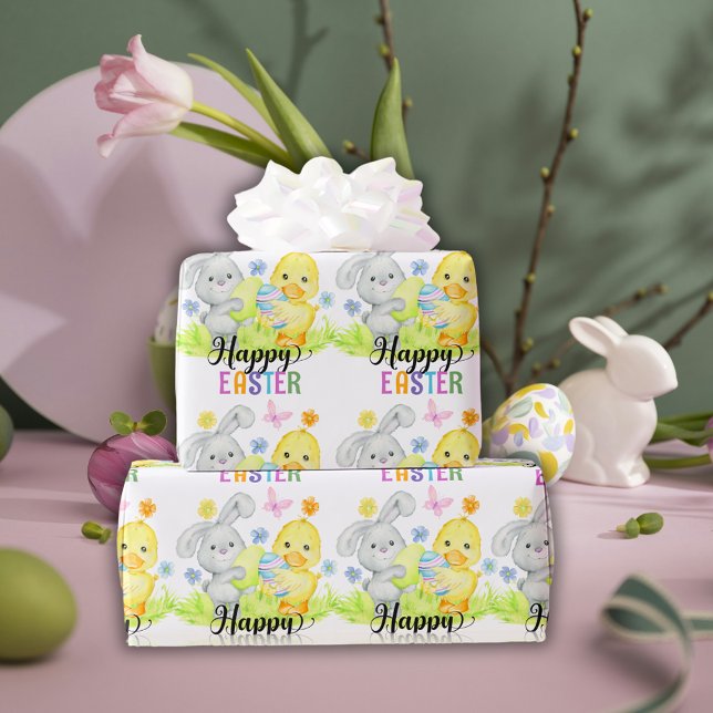 Happy Easter Cute Rabbit & Chick Egg Hunt Wrapping Paper (Creator Uploaded)