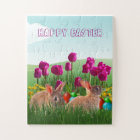 Happy Easter Cute Rabbit Tulips and Coloured Eggs