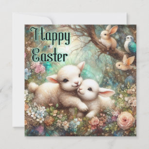 Happy Easter Cute Vintage Bunny And Lamb Easter Holiday Card