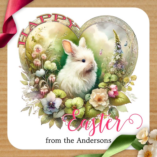 Happy Easter Cute Watercolor Bunny Floral  Square Sticker (Happy Easter sticker featuring a cute watercolor bunny surrounded by a heart with flowers. )