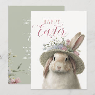 Happy Easter Cute Watercolor Floral Bunny Rabbit Card