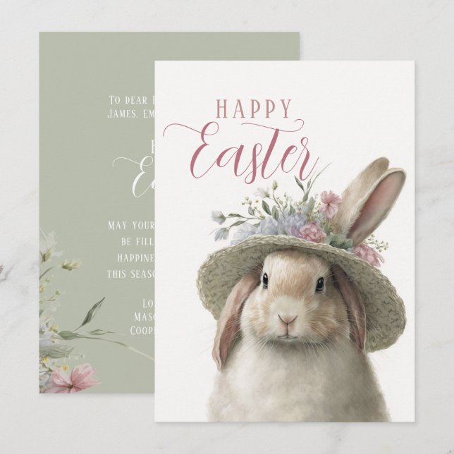 Happy Easter Cute Watercolor Floral Bunny Rabbit Card (Front/Back)