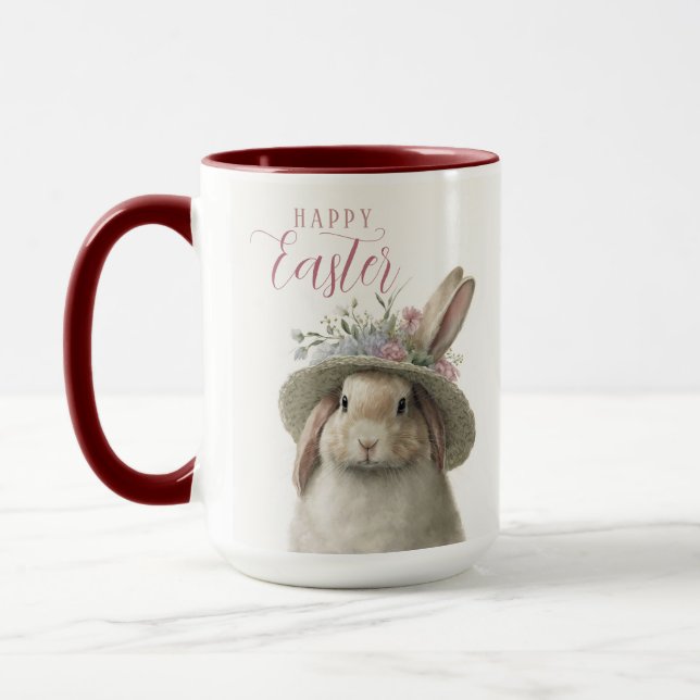 Happy Easter Cute Watercolor Floral Bunny Rabbit Mug (Left)
