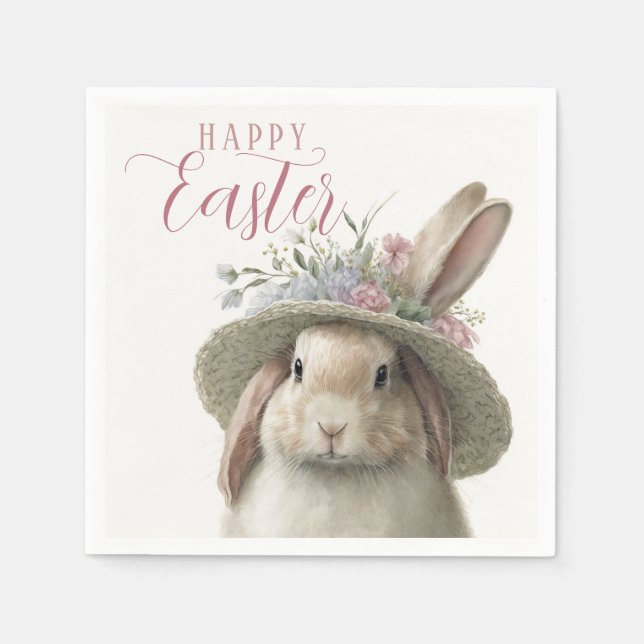 Happy Easter Cute Watercolor Floral Bunny Rabbit Napkin (Front)