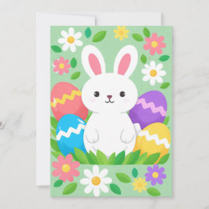 Happy Easter Cute White Bunny Colourful Eggs Green Holiday Card