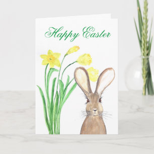 Happy Easter Daffodil Floral Bunny Rabbit Holiday Card