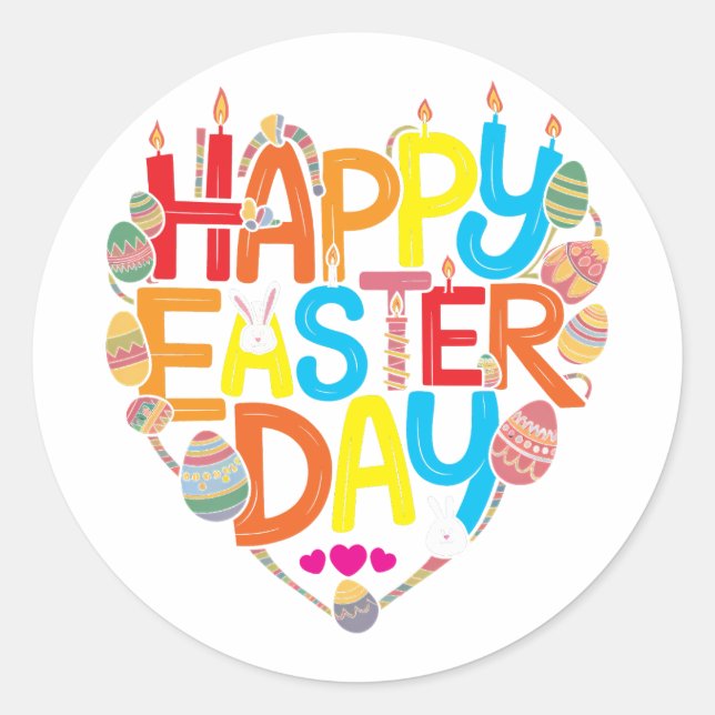 Happy Easter Day 2025 Funny Heart Bunny Eggs Classic Round Sticker (Front)