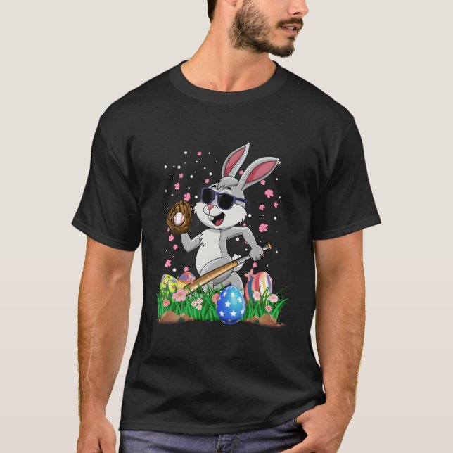 Happy Easter Day Baseball Bunny Rabbit Easter Bask T-Shirt (Front)