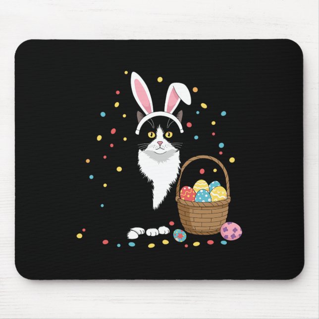 Happy Easter Day Black Cat Rabbit Ears Easter Eggs Mouse Mat (Front)