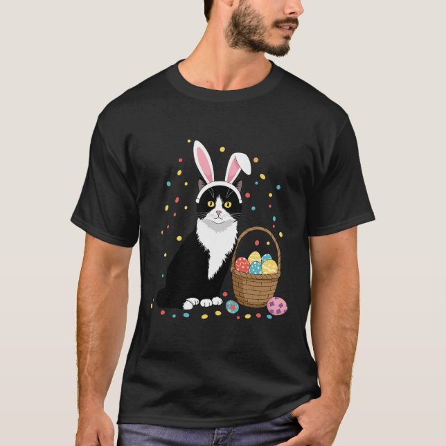 Happy Easter Day Black Cat Rabbit Ears Easter Eggs T-Shirt (Front)