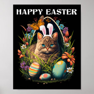 Happy Easter Day Bunny Cat Eggs Basket Men Women C Poster