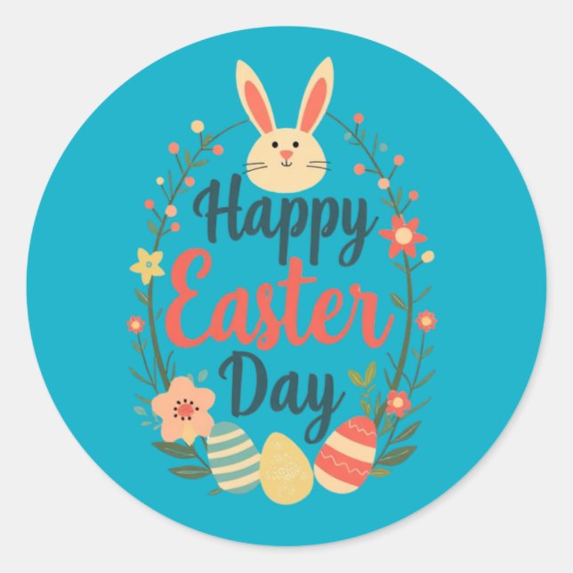 Happy Easter Day Bunny & Eggs Classic Round Sticker (Front)