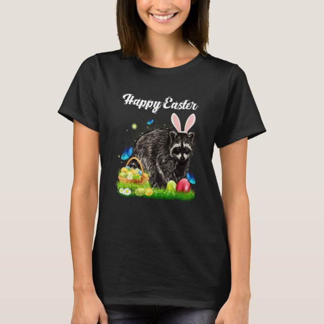 Happy Easter Day Bunny Racoon Eggs Basket  Raccoo T-Shirt (Front)
