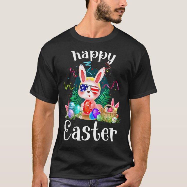 Happy Easter Day Cute Bunny Face Sunglasses Americ T-Shirt (Front)