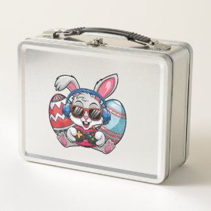 Happy Easter Day Cute Bunny Playing Video Game Kid Metal Lunch Box
