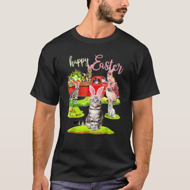 Happy Easter Day Cute Cat Riding Red Truck Love Bu T-Shirt (Front)