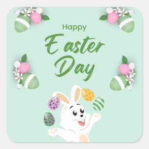 Happy Easter day- Funny Bunny And Eggs Easter Square Sticker
