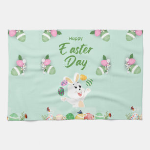 Happy Easter day- Funny Bunny And Eggs Easter Tea Towel