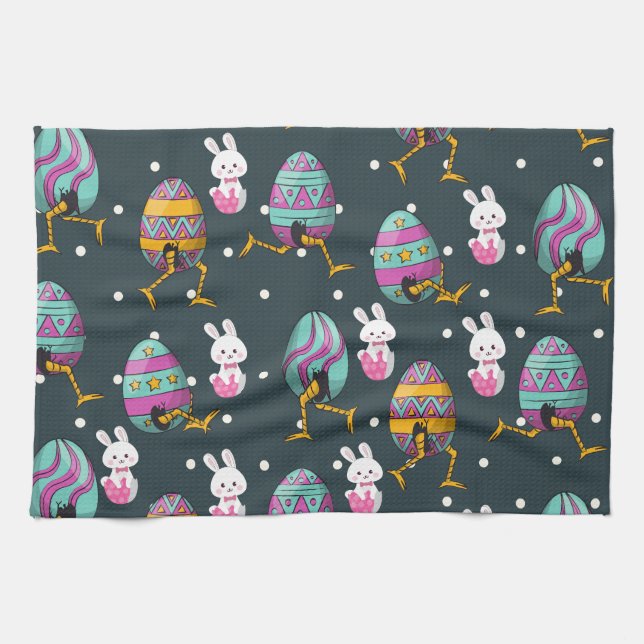 Happy Easter day- Funny Bunny Wishes Pattern       Tea Towel (Horizontal)