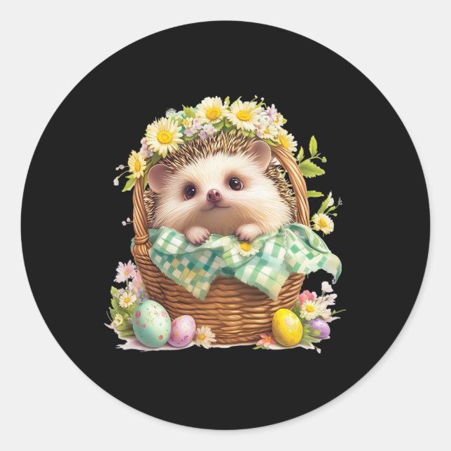 Happy Easter Day - Hedgehog Sitting Inside A Woven Classic Round Sticker (Front)