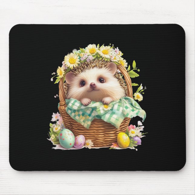 Happy Easter Day - Hedgehog Sitting Inside A Woven Mouse Mat (Front)