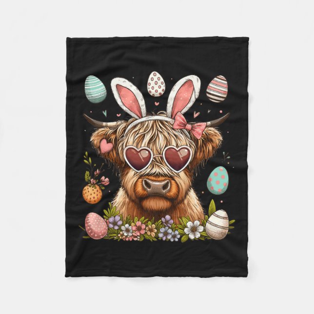 Happy Easter Day Highland Cow Easter Bunny Rabbit  Fleece Blanket (Front)