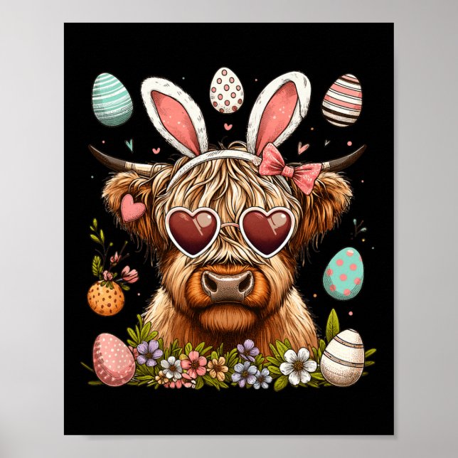 Happy Easter Day Highland Cow Easter Bunny Rabbit  Poster (Front)