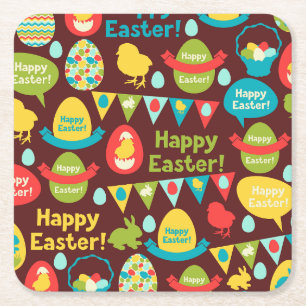 Happy Easter day- Pattern Bunny And Eggs Easter    Square Paper Coaster