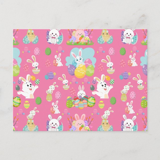 Happy Easter day- Pattern Funny Bunny And Eggs     Holiday Postcard (Front)