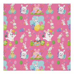 Happy Easter day- Pattern Funny Bunny And Eggs     Poster