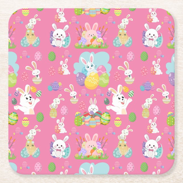 Happy Easter day- Pattern Funny Bunny And Eggs     Square Paper Coaster (Front)