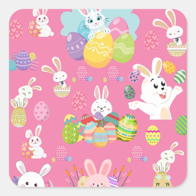 Happy Easter day- Pattern Funny Bunny And Eggs  Square Sticker (Front)